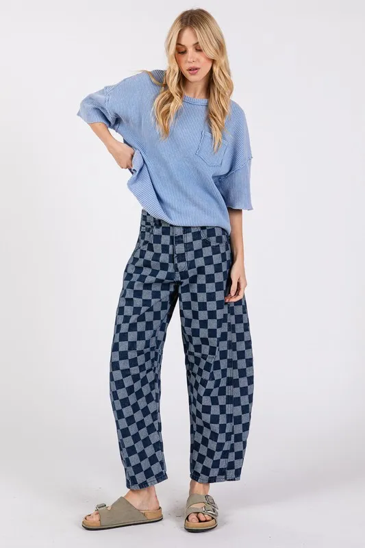 Barrel Style Leg Checkered Print Jeans