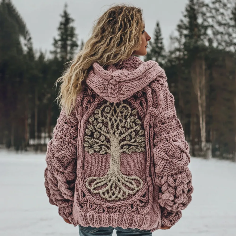 Women's Vintage Viking Tree Of Life Cozy Knit Hooded Sweater