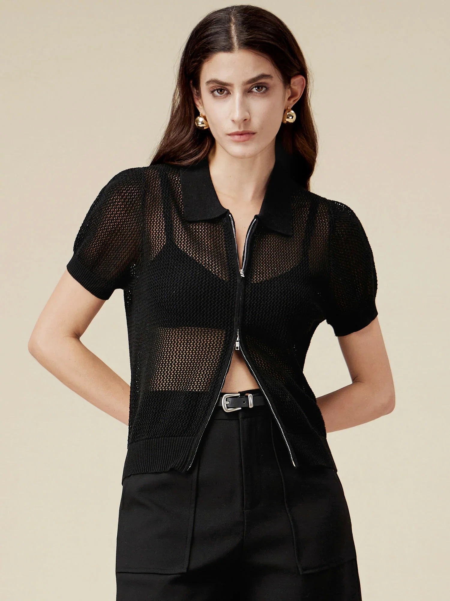 Linen & Lyocell V-Neck Short Sleeve Zipper Hollow Out Cardigan