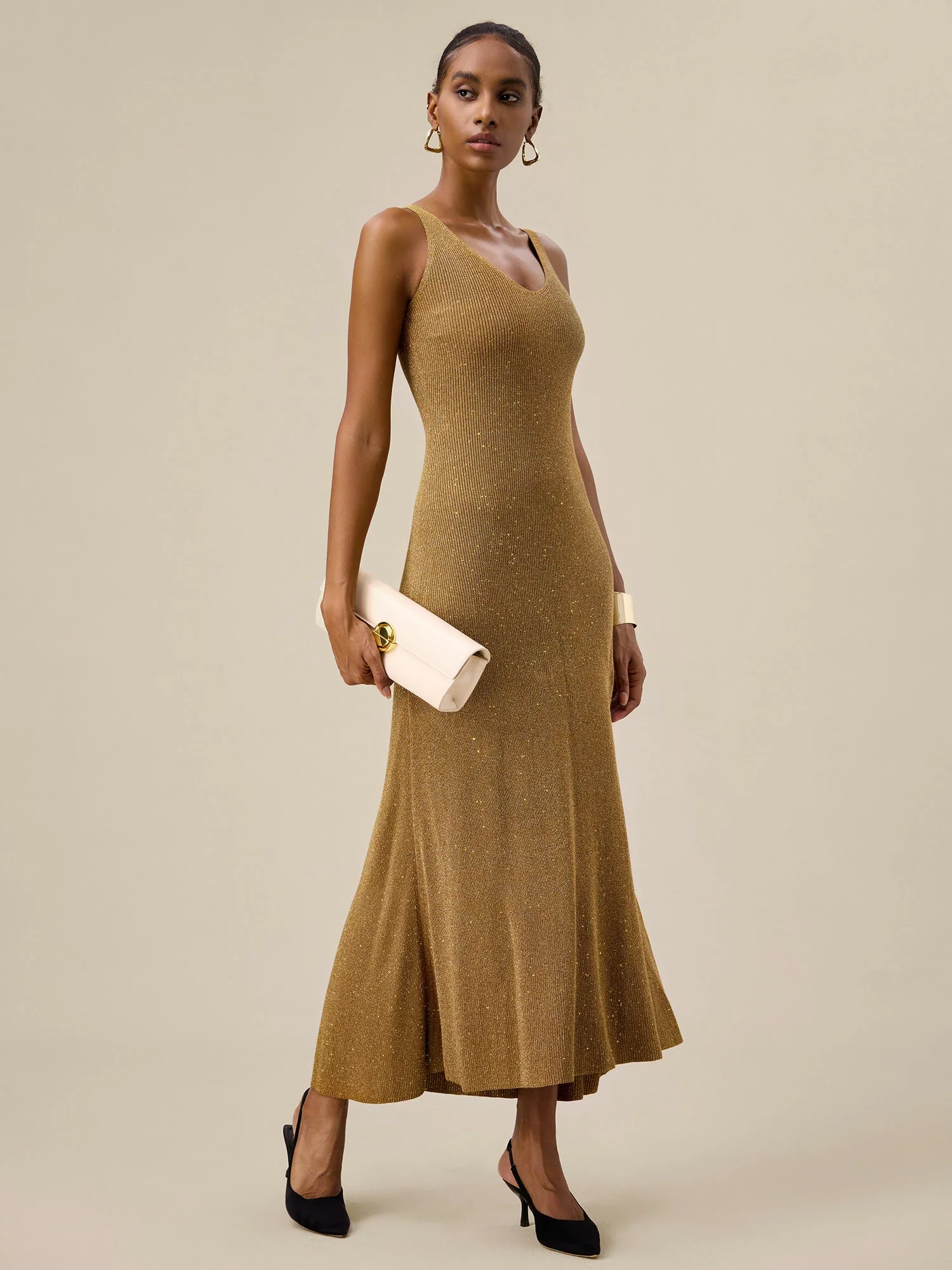 V-Neck Halter Metallic Maxi Dress