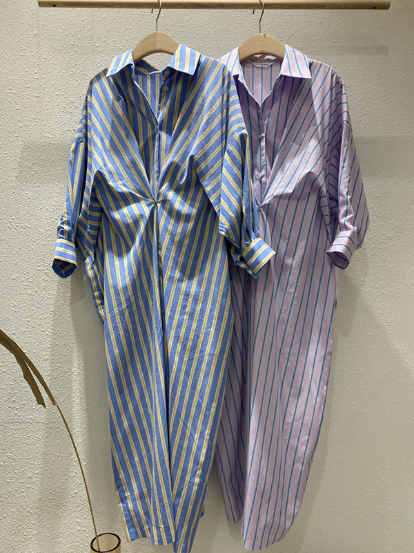 Buttoned Contrast Color Pockets Striped Long Sleeves Loose Lapel Shirt Dress Midi Dresses