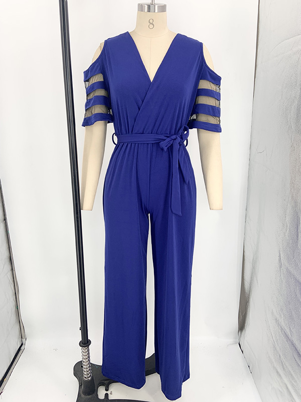Hollow Mesh Solid Color Tied Waist High Waisted Loose V-Neck Jumpsuits