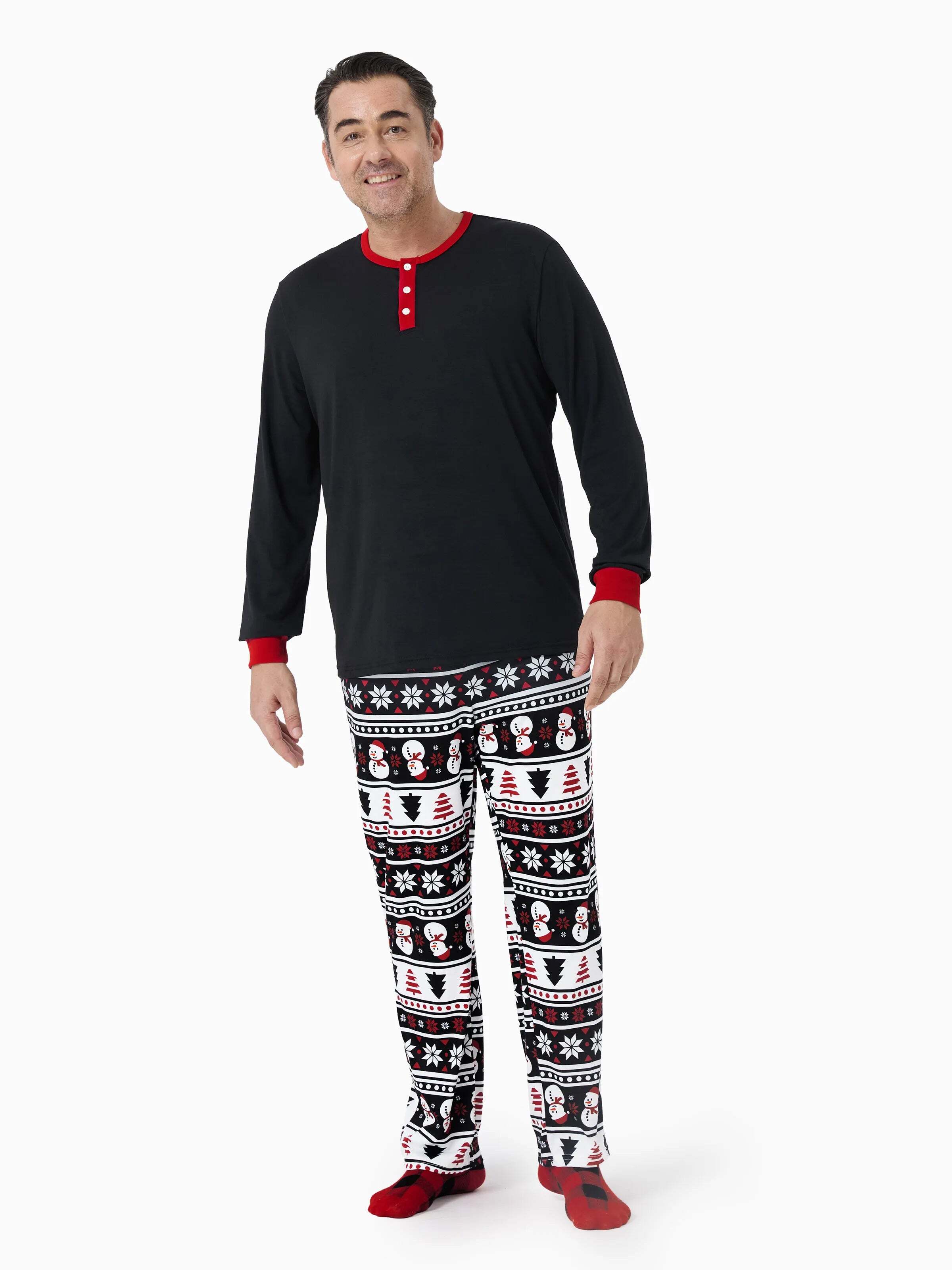 Christmas Matching Family Pajamas Set Snowman and Christmas Tree Print Black PJS with Christmas Socks Black