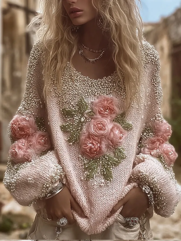 Women's Flower Vintage Round-neck Thick Sweater