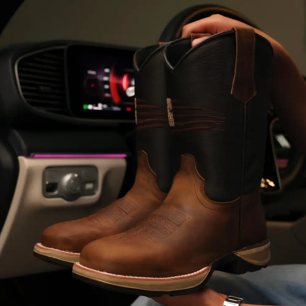 Distressed Brown “American Flag” Leather Work Boots - Square Toe