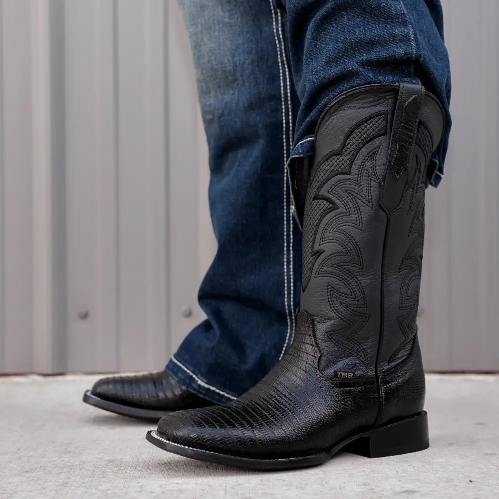 Black Lizard Leather Boots - Square Toe