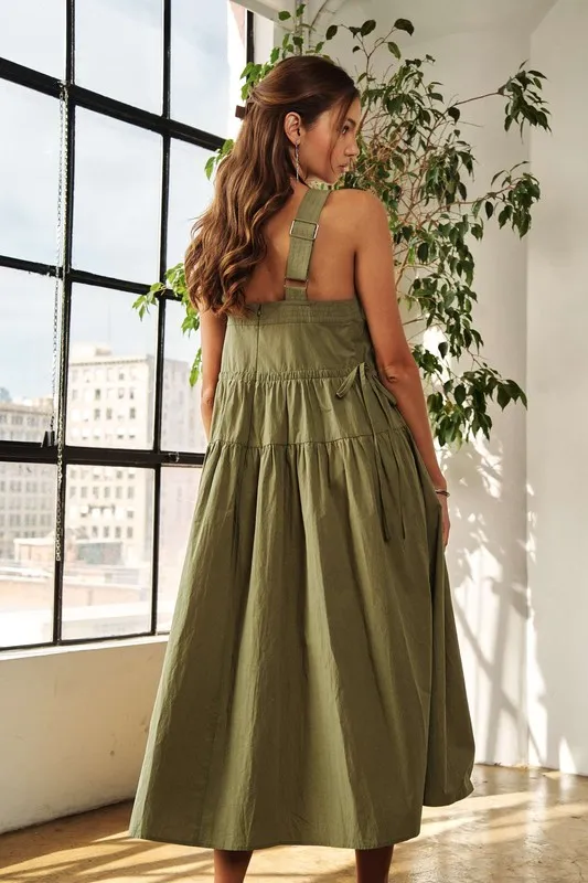 Crisscross Wide Strap Drawstring Detail Midi Dress