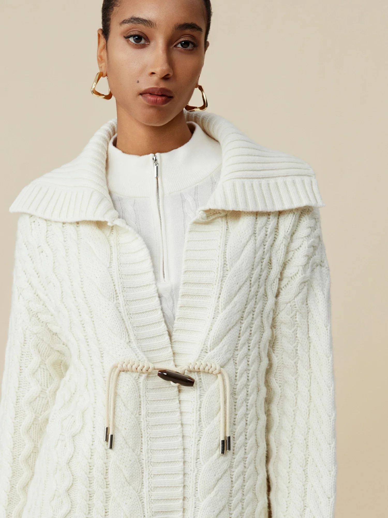 100% Wool Lapel Long Sleeve Knit Cardigan