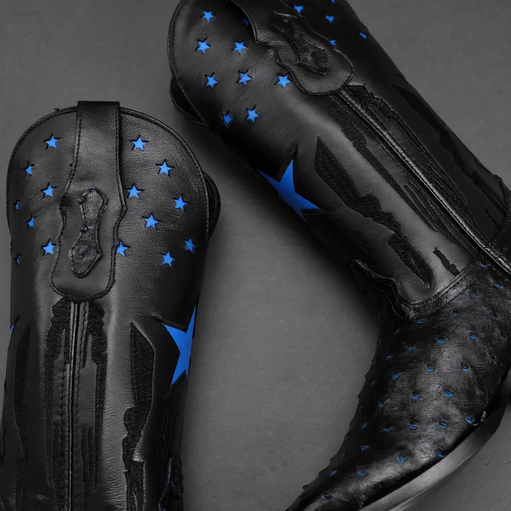 Black/Blue Ostrich Leather Boots - Square Toe