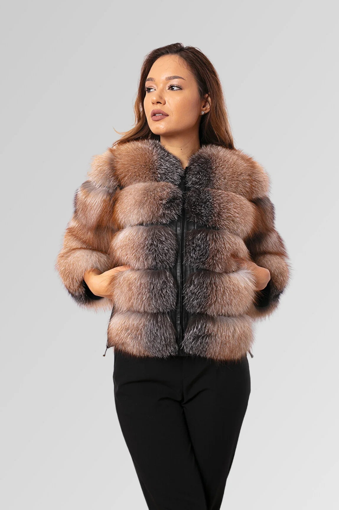 Haină din Blană Naturală de Vulpe, Transformabilă, Femei, Brown Frost 259