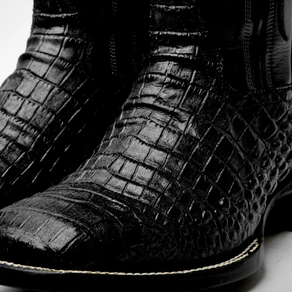 Total Black Caiman Belly Leather Boots - Square Toe