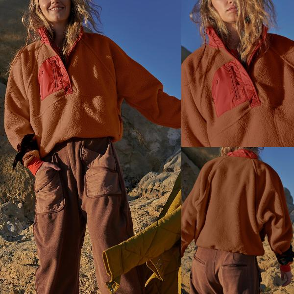 Women's Lightweight Sherpa Fleece Pullover Jacket with Pockets