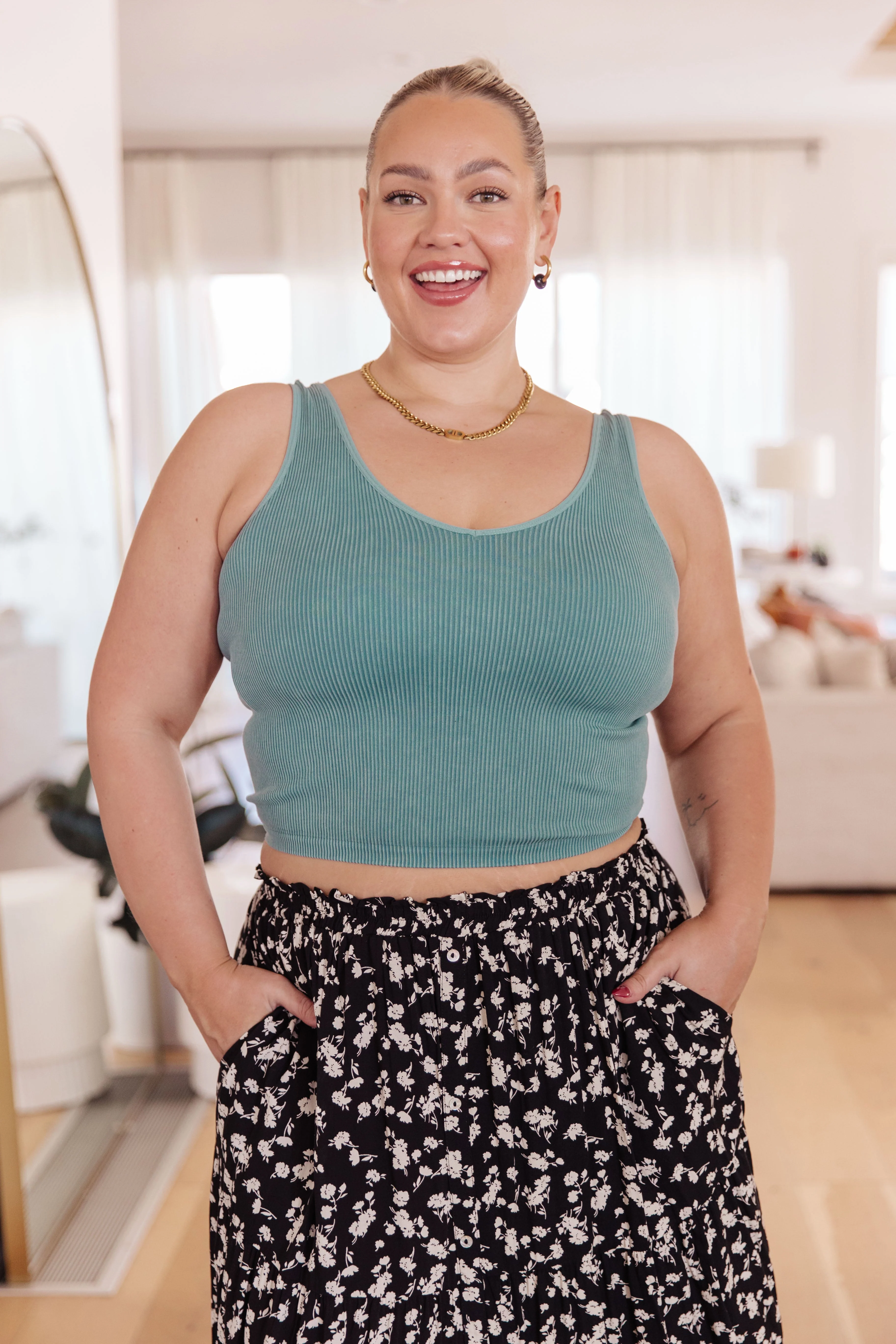 Ribbed Seamless Reversible Tank in Vintage Blue