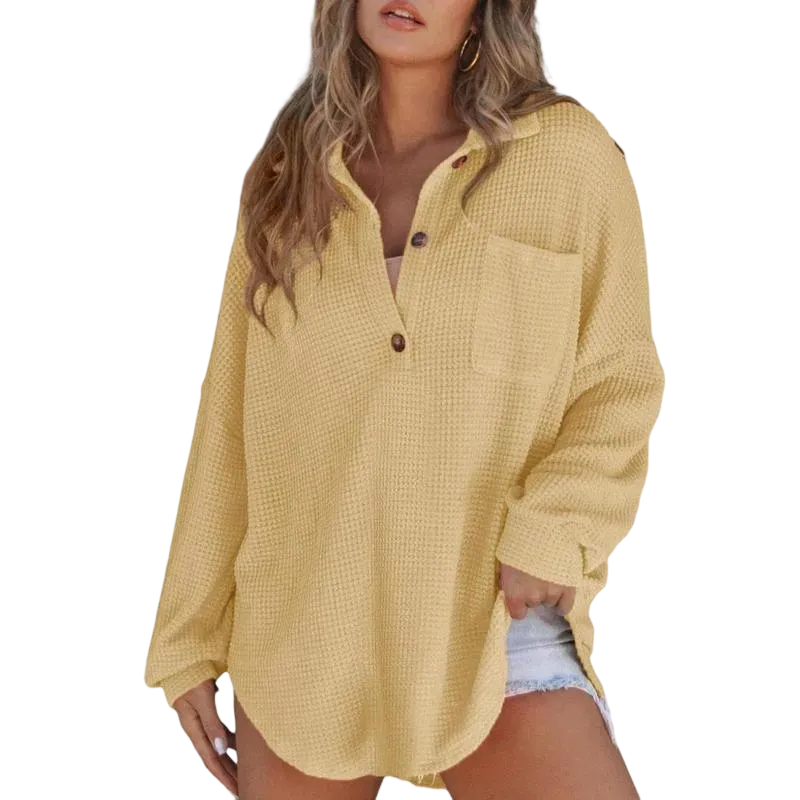Women's Waffle Henley Shirt Tops