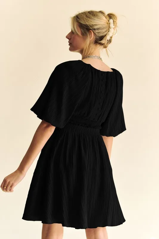 Back Button Puff Sleeve Mini Dress