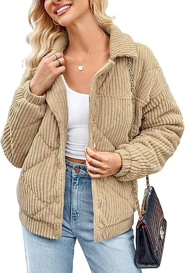Women's Bomber Jacket Corduroy Ribbed Quilted Zip Up Long Sleeve Winter Coat Fall Outerwear Tops with Pockets