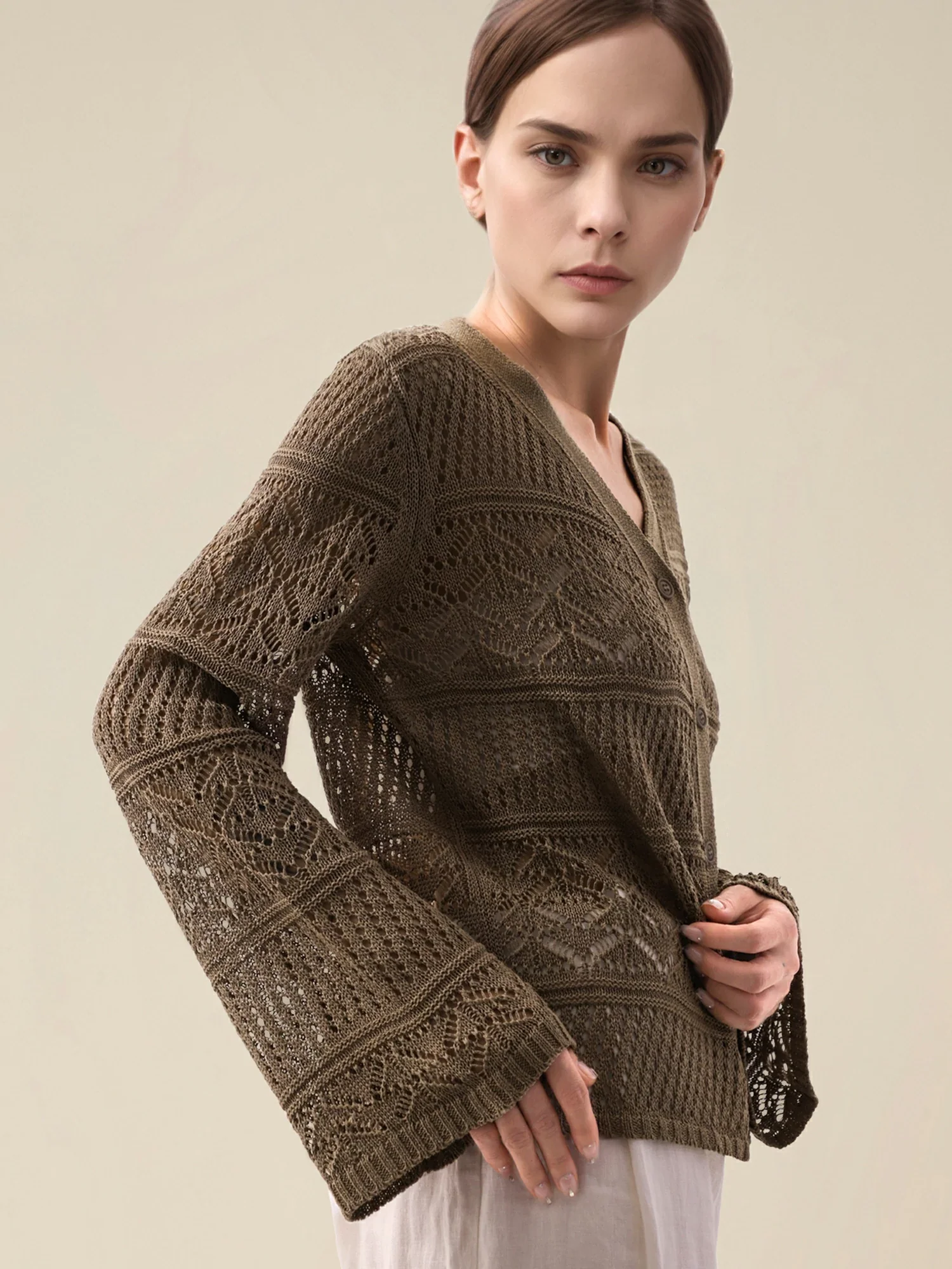 Lyocell & Silk V-Neck Flare-Sleeve Cardigan