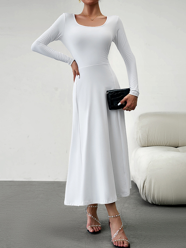 Solid Color Tied Waist A-Line High Waisted U-Neck Midi Dresses