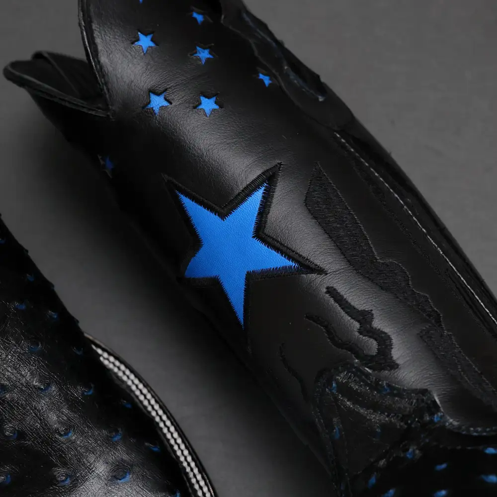 Black/Blue Ostrich Leather Boots - Square Toe