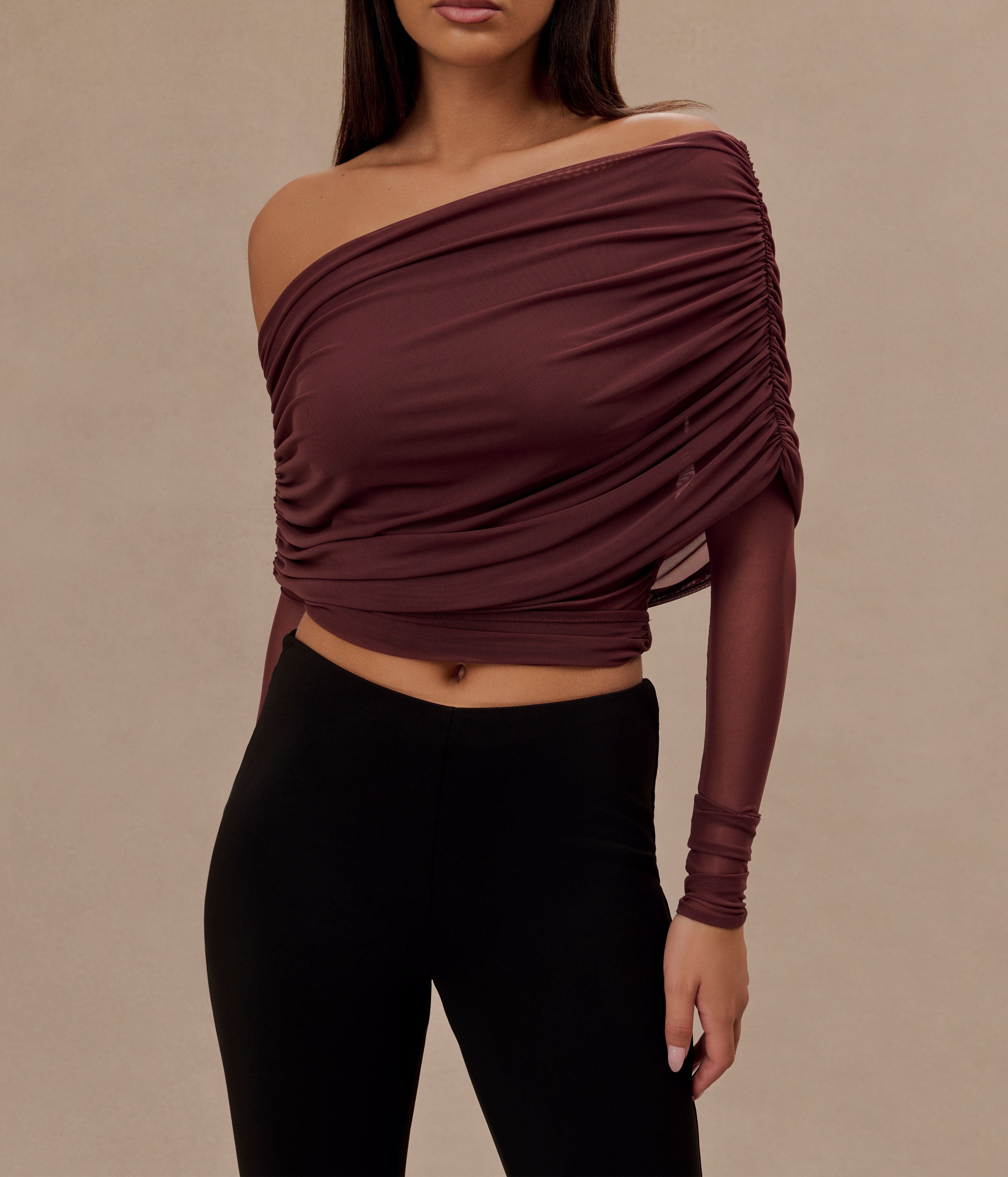 Mahogany Sheer Mesh Off Shoulder Top
