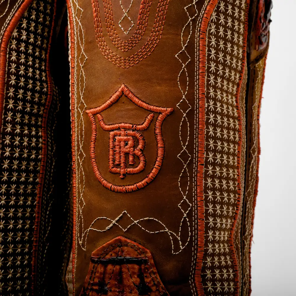 Cognac Caiman Neck Leather Boots - Square Toe