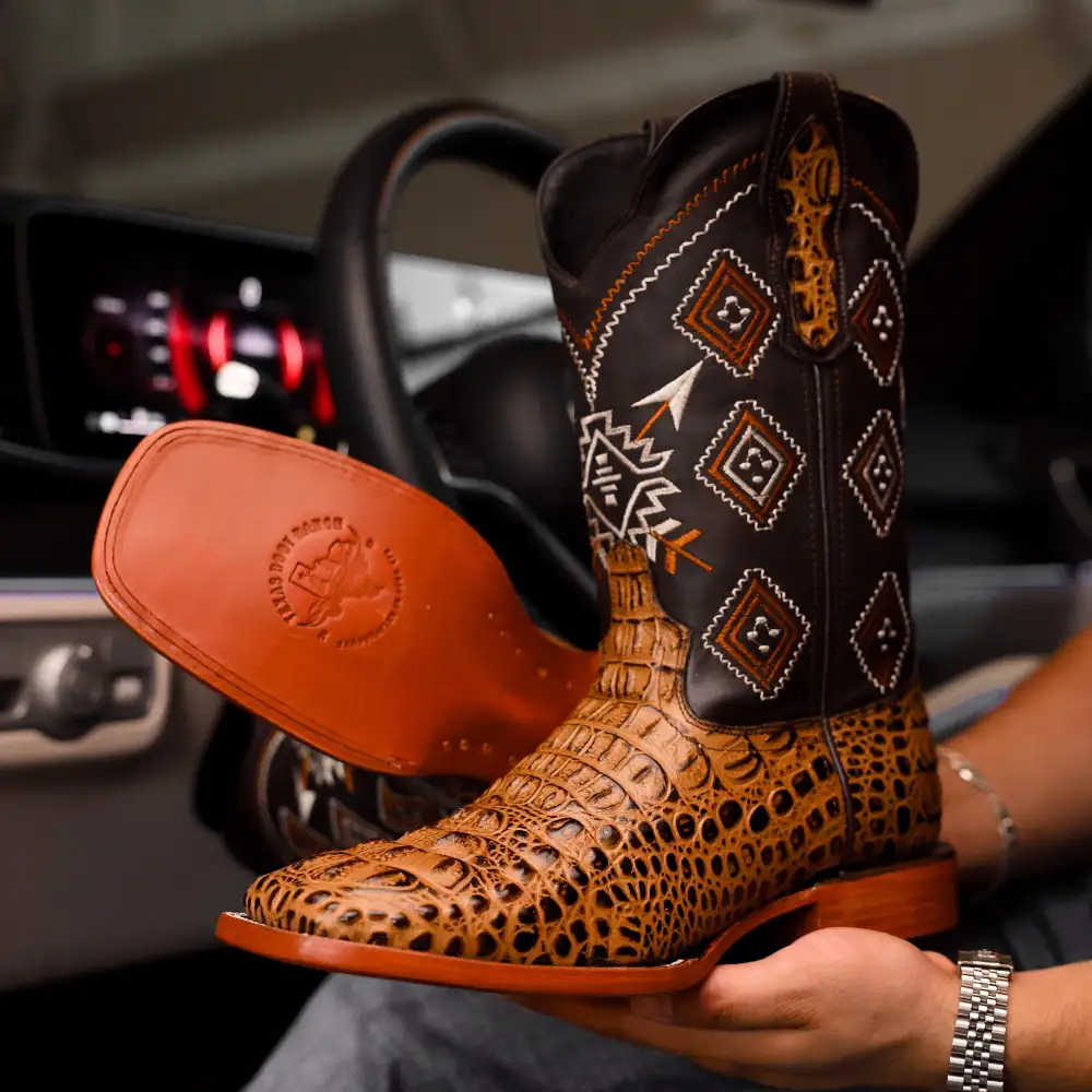 Honey Caiman Neck Leather Boots - Square Toe