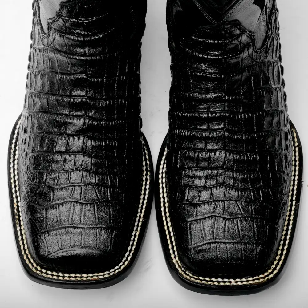 Total Black Caiman Belly Leather Boots - Square Toe