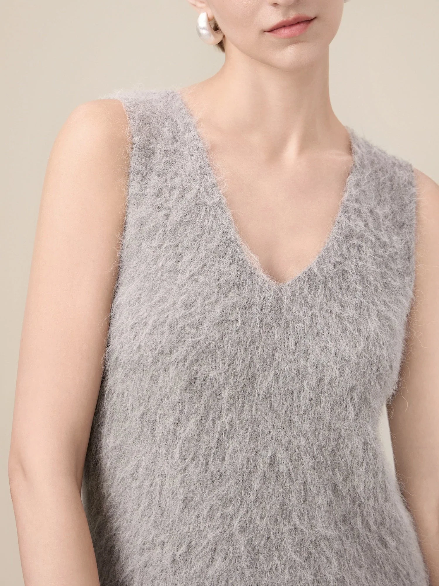 Alpaca V-Neck Sleeveless Plush Knit Vest Dress