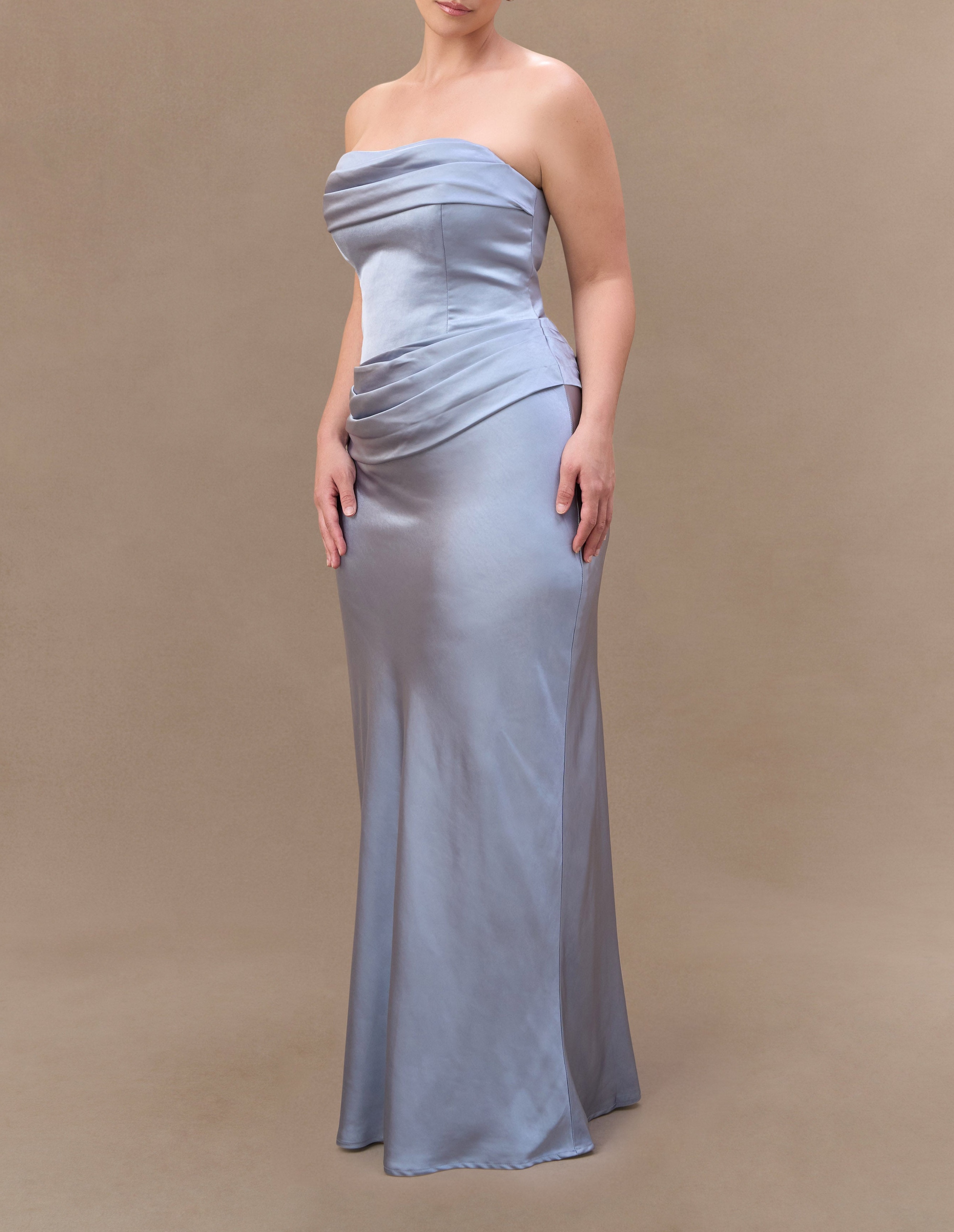 Blue Strapless Satin Maxi Dress