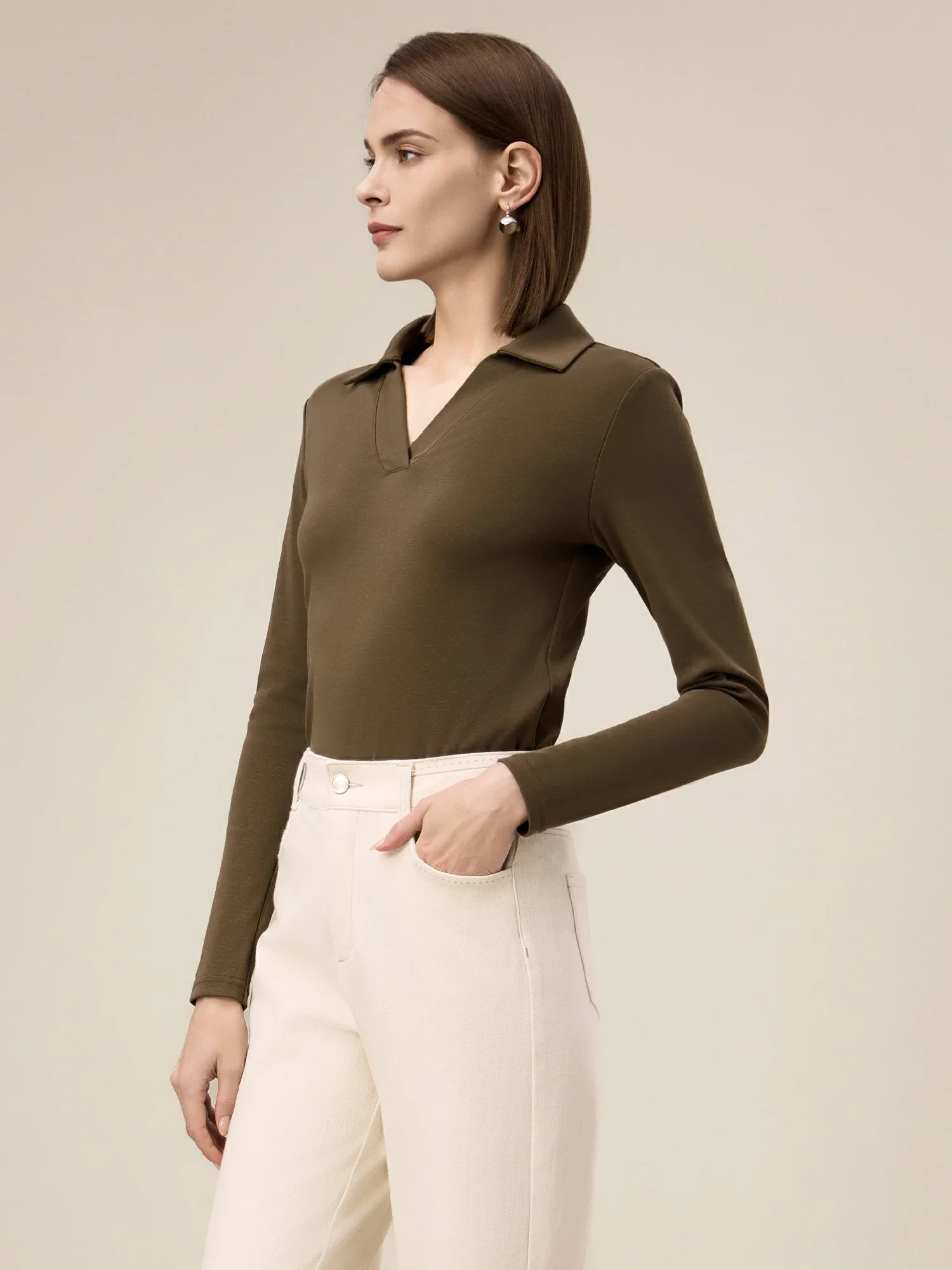 Women's  69.6% Cotton Polo Collar Long Sleeve Top