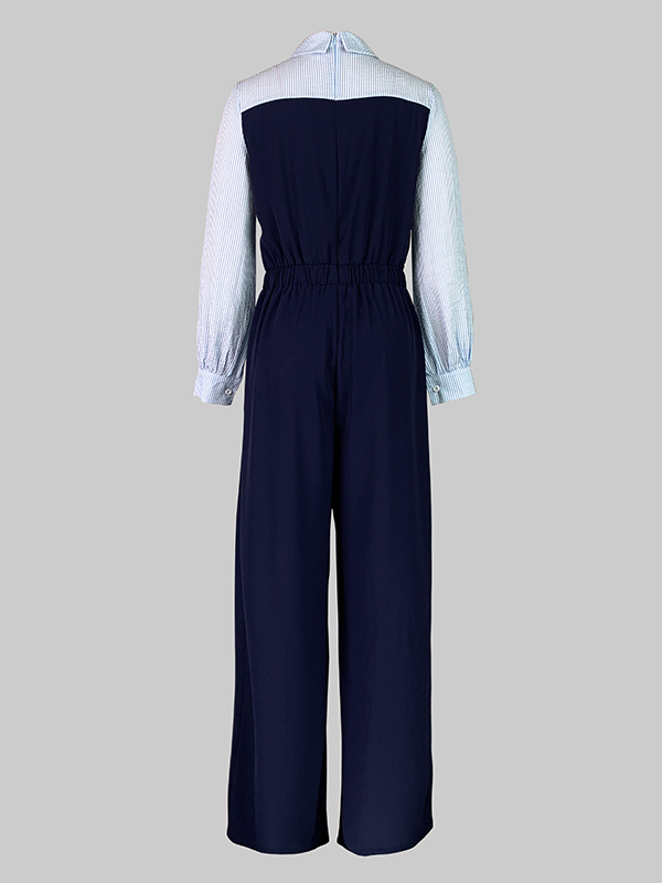 High Waisted Long Sleeves Buttoned Pleated Split-Joint Lapel Jumpsuits