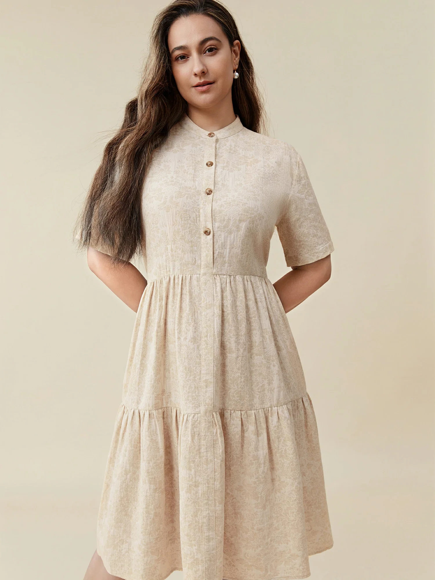 Cotton & Linen Stand Collar Short Sleeve Loose Ruffle Dress