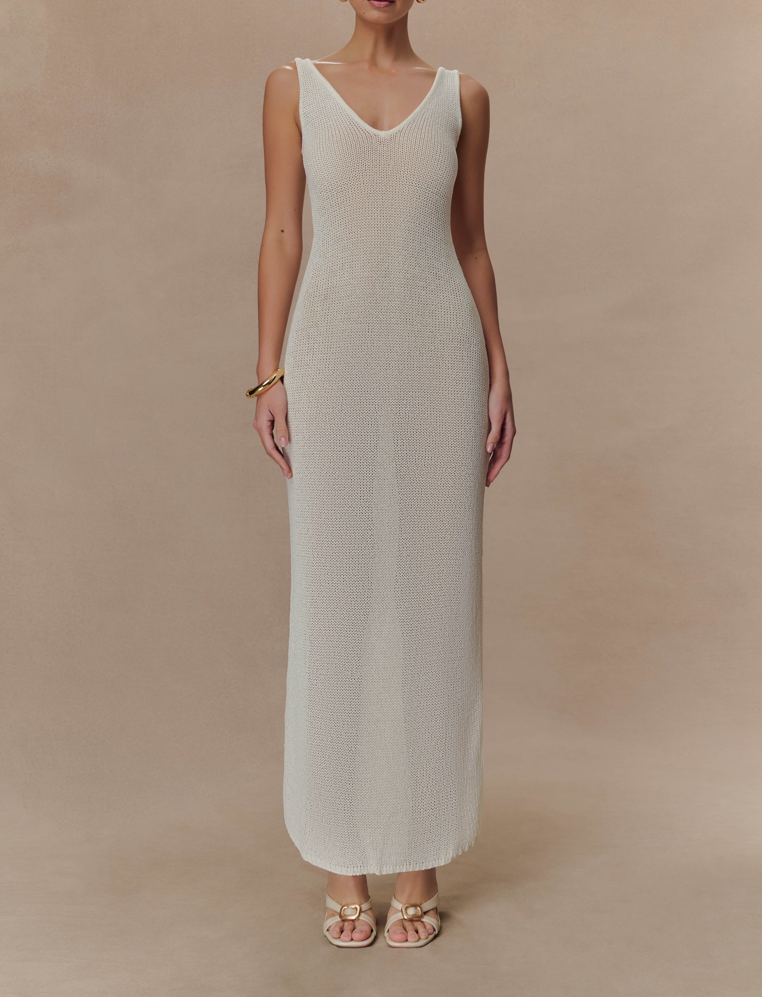 White Tape Yarn Knit Maxi Dress
