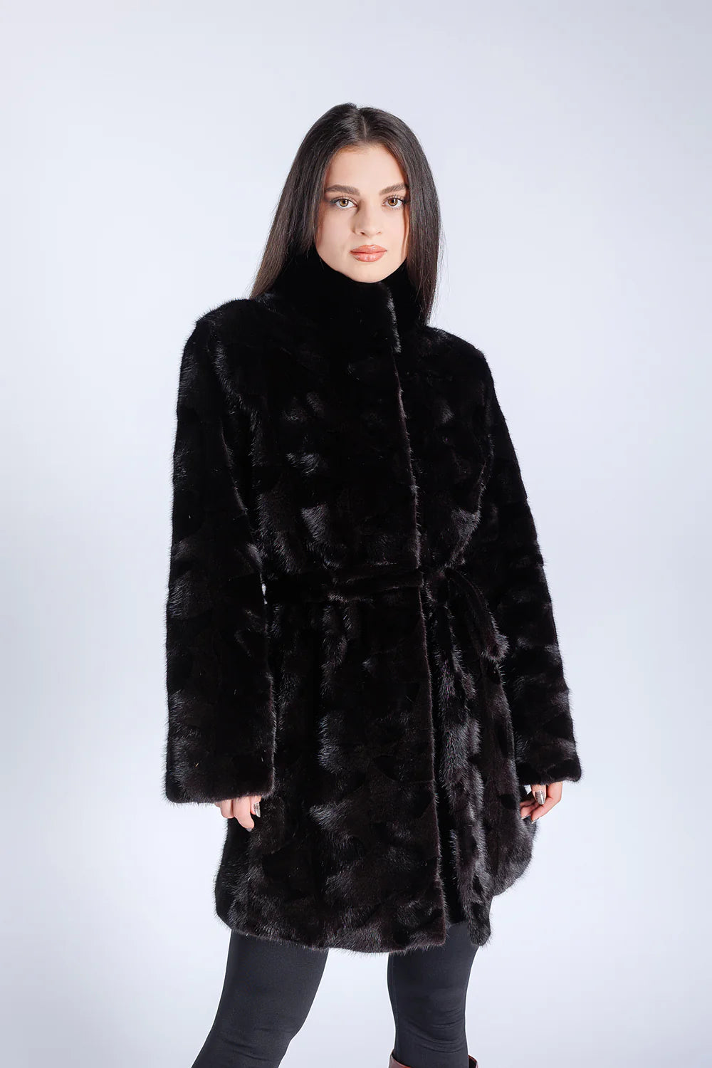 Haină din Blană Naturală de Vizon, Cordon din Blană, Femei, Sable 187