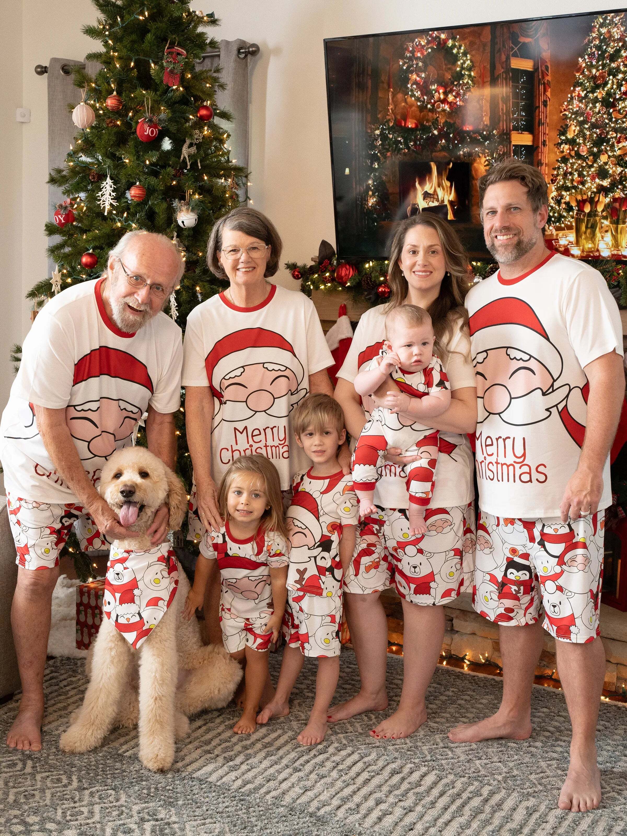 Christmas Santa and Snowman Print Family Matching Short-sleeve Tops and Shorts Pajamas Sets White
