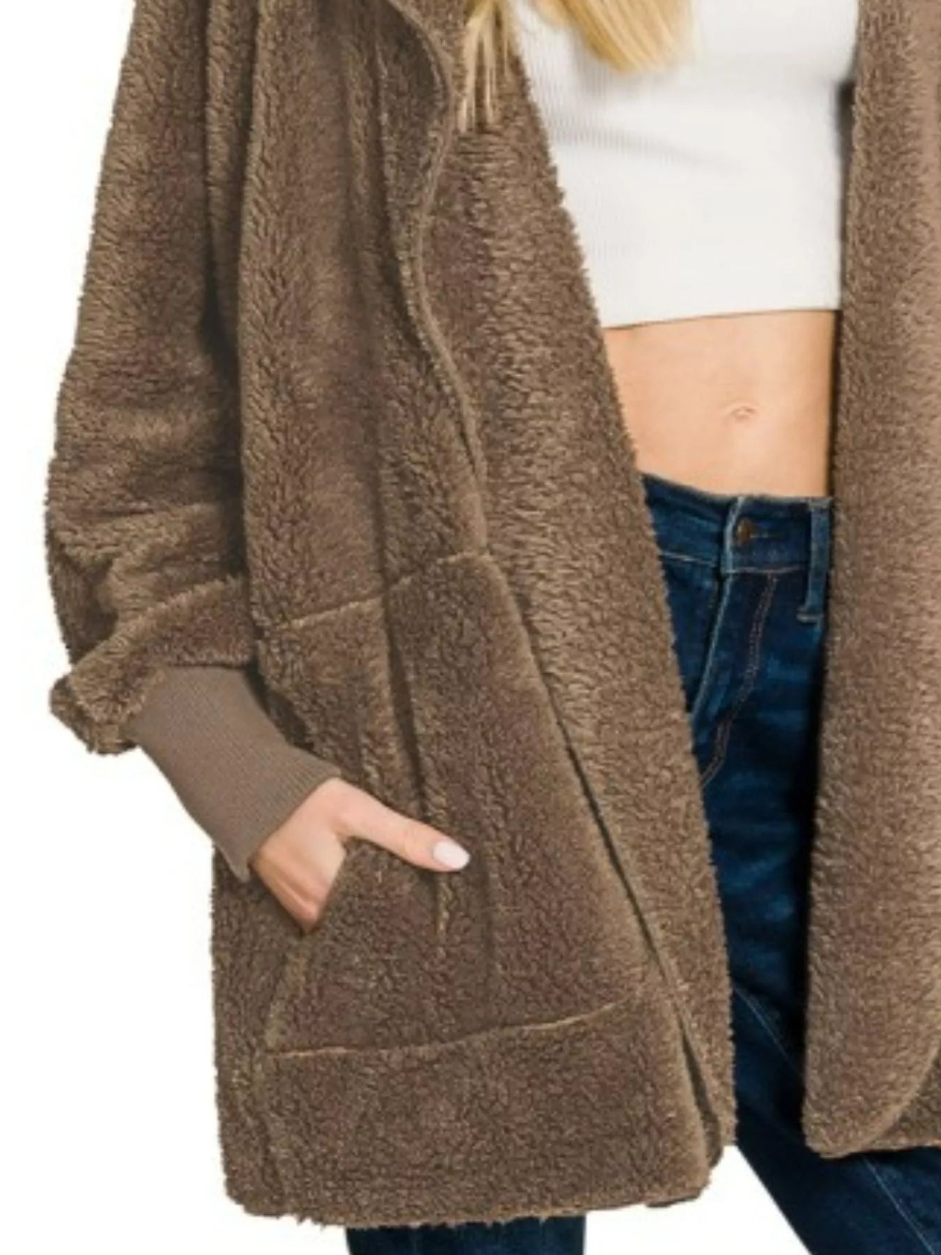 Hooded Faux Fur Jacket with Pockets