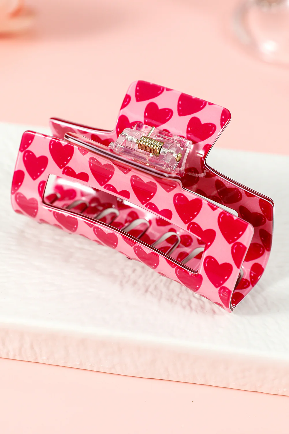 Fiery Red Heart Print Hollow Out Square Hair Claw Clip