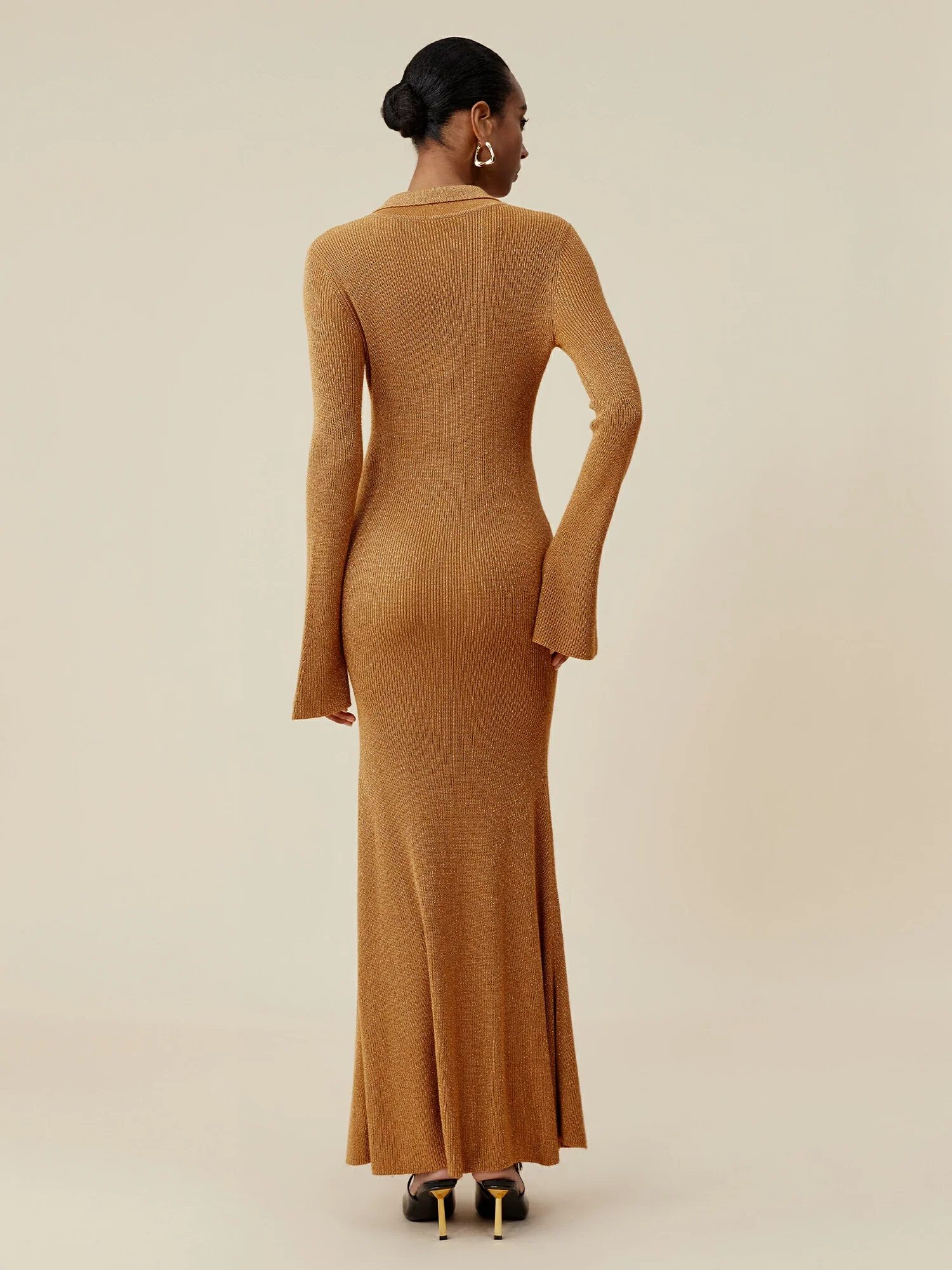 Lapel Long Sleeve Fish Tail Gold Yarn Dress