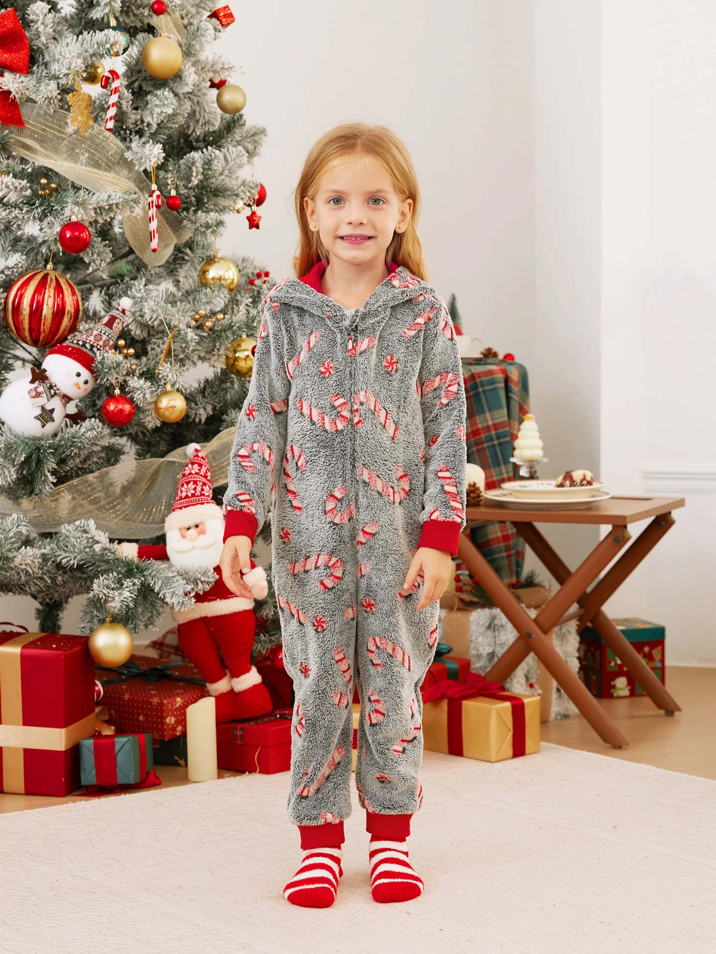 Onesies Pajamas Matching Christmas Outfits Candy Cane Pattern (Glow in the Dark) with Christmas Socks Black