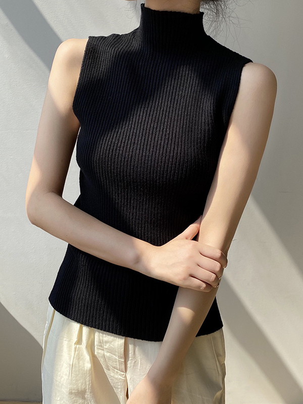 Solid Color Skinny Sleeveless High-Neck Vest Top Knitwear