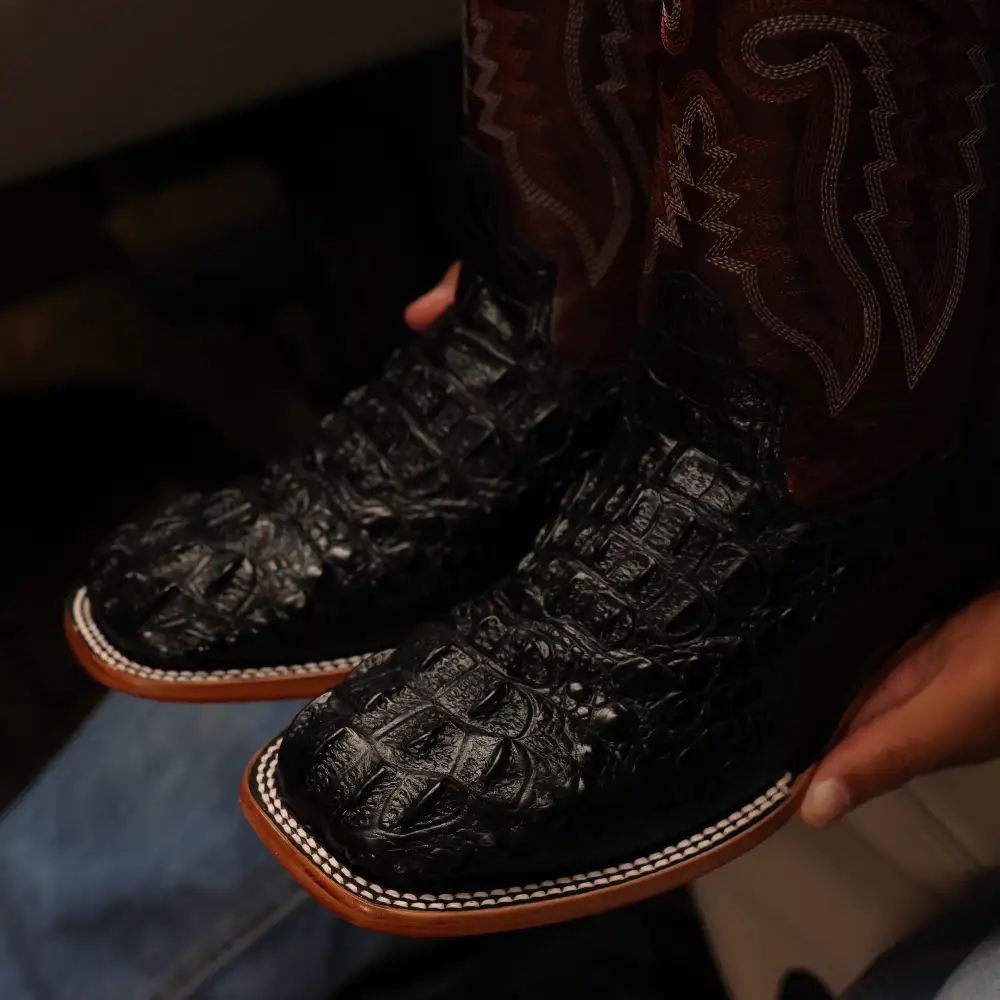 Black Caiman Leather Boots - Square Toe