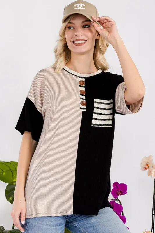 Celeste Full Size Rib Contrast Short Sleeve T-Shirt Plus SIze