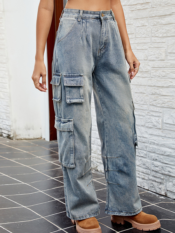 Pleated Pockets Split-Joint Loose Jean Pants Bottoms