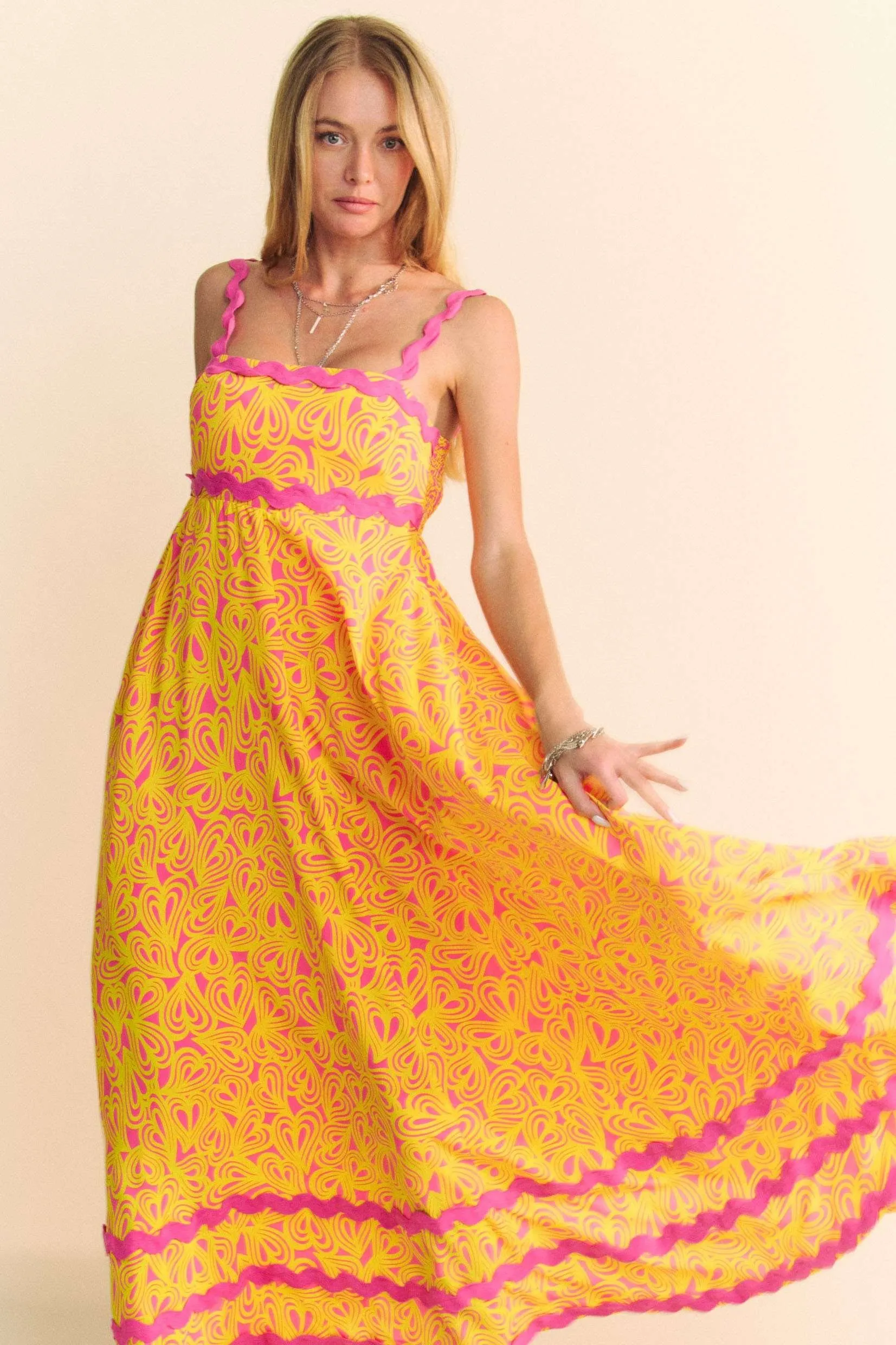 Geo 2 Tone Printed Wavi Trim Tiered Maxi Dress