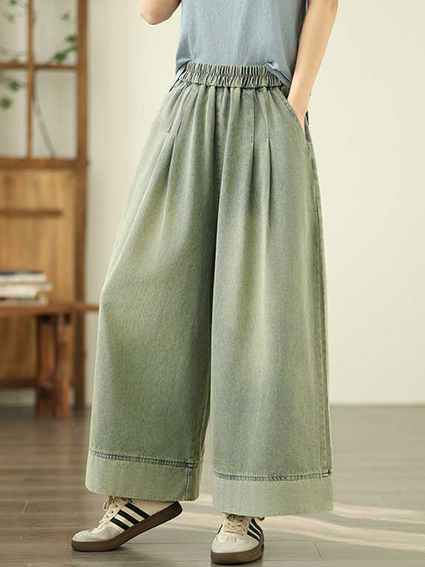 Elasticity Pleated Pockets Loose Wide Leg Trousers Jean Pants Bottoms