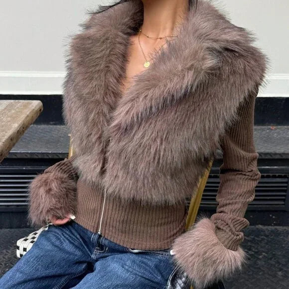 Women's Fashion Street Style Patchwork Knit Faux Fur Jacket, Zipper Long Sleeve Coat, Fall & Winter Thick Fabric, Casual Wear