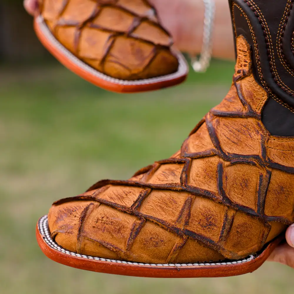 Matte Rustic Honey Pirarucu Leather Boots - Square Toe