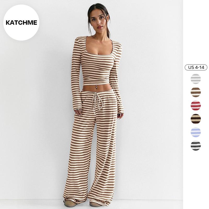 Women's Slouchy Square Neck Stripe Long Sleeve Crop Top & Low-Rise Wide Leg Trousers Co-ord, Minimalist Two Piece Outfits, Cozy Womenswear