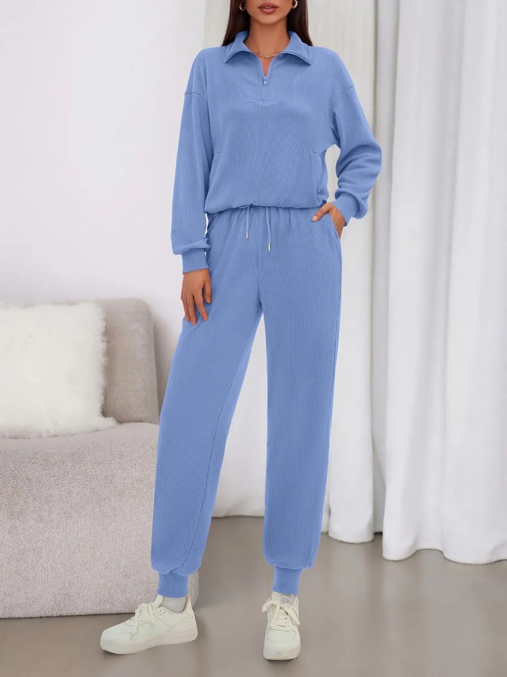 Women's Long Sleeve Half Zip Sweatshirt Sweatpants Lounge Set Sweatsuits with Pockets