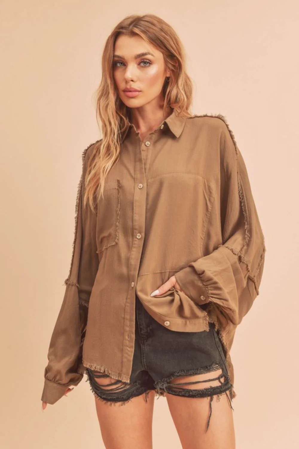 Raw Edge Exposed Seam Collared Neck Long Sleeve Shirt